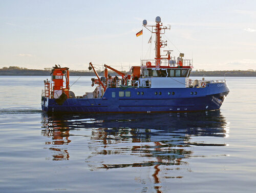 Kann in Stralsund besichtigt werden: der Fischereiforschungskutter "Clupea". Ein Schiff von der Seite.