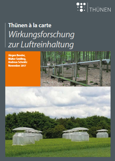 Titelblatt der Broschüre Thünen a la carte mit dem Titel "Wirkungsforschung zur Luftreinhaltung". Gezeigt werden u.A. Open-top-Kammern auf dem Versuchsfeld des Institutes.
