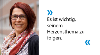 Portrait von Sylvia Keim-Klärner und der zitierte Text: „Es ist wichtig, seinem Herzensthema zu folgen.“