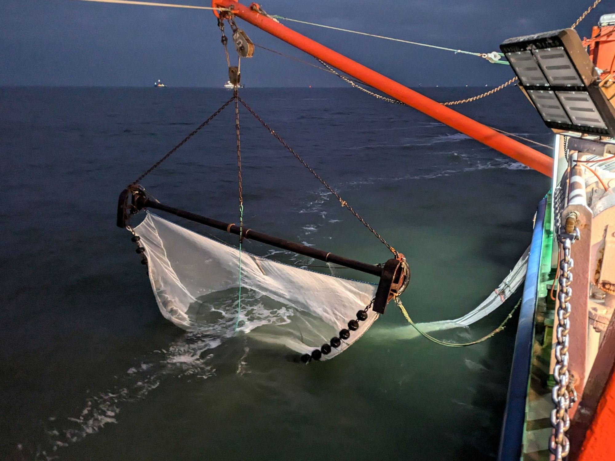 Das Fangnetz wird zu Wasser gelassen