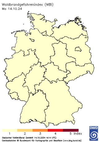 Waldbrandgefahrenindex am 14.Oktober 2024: Deutschlandkarte zeigt Regionen mit erhöhter Waldbrandgefahr. Die Gefahr ist im Moment auf dem niedrigsten Level in ganz Deutschland.