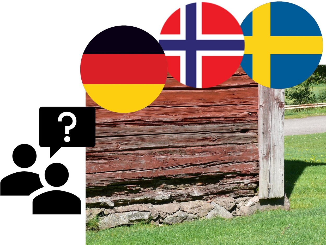 Sensation of decay on wooden structures in Sweden, Germany and Norway Collage of German, Norwegian and Swedish flags and a decay damage on a wooden sleeper