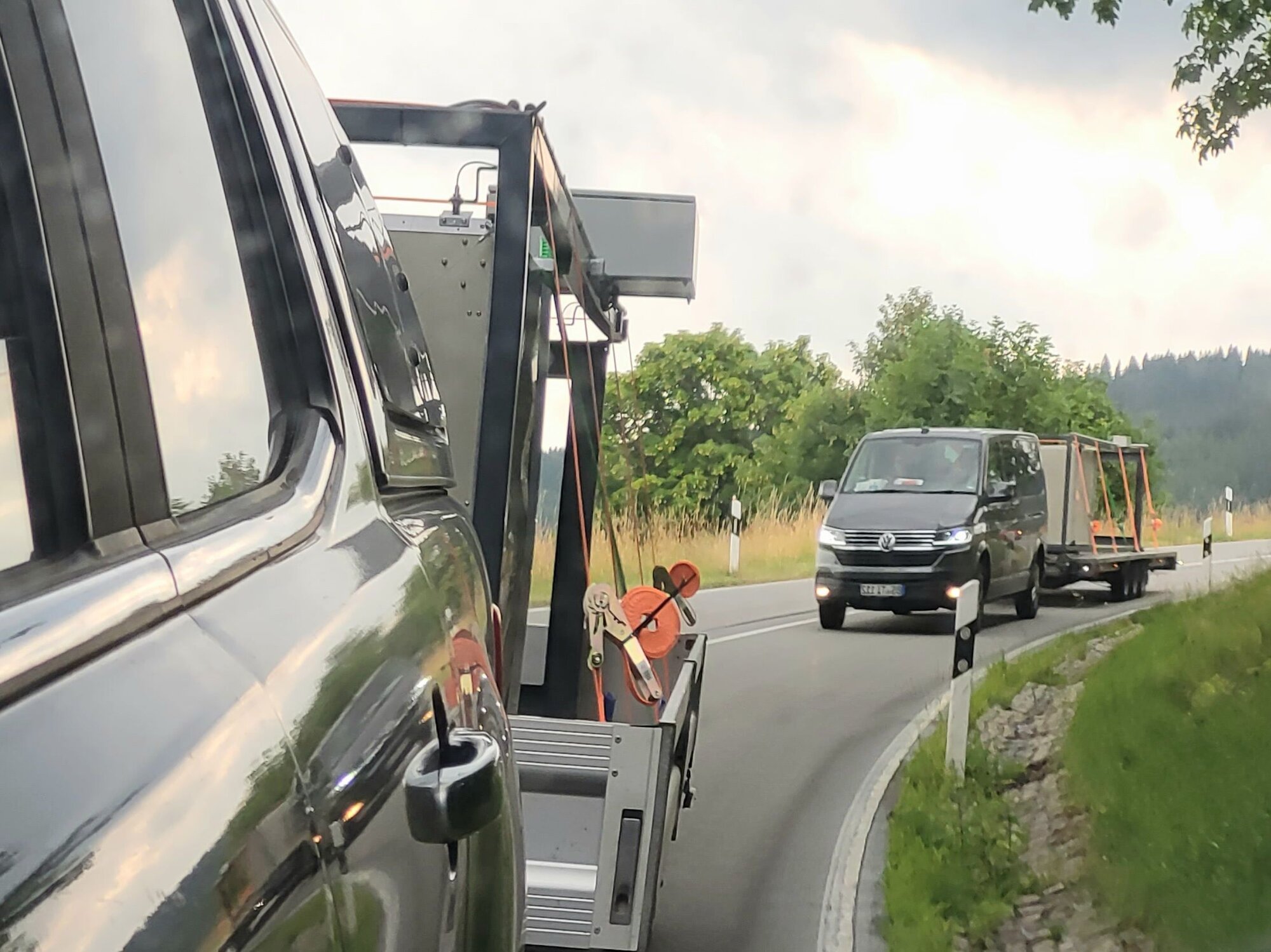 Transport of automatic chamber system by car trailer. Transport of automatic chamber system by car trailer