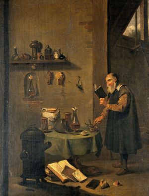 An alchemist in his laboratory. Oil painting after David Teniers the younger. Wellcome Collection. / public domain