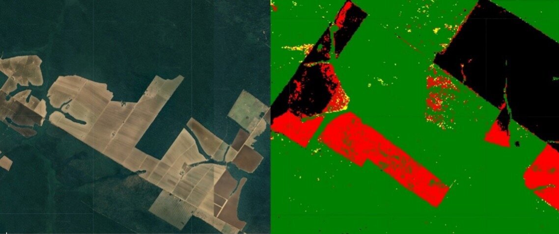 Verschiedene Landbedeckungen sind mit Fernerkundungstechnologien unterscheidbar Zwei Bilder nebeneinander, das linke Bild zeigte eine Satelitenaufnahme mit Wäldern und Feldern, die rechte Seite ein in verschiedenen Farben eingefärbte Karte.