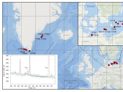 Probenahmeorte und Cäsium-Messung Grafik mit Seekarte und Probenahmeorten