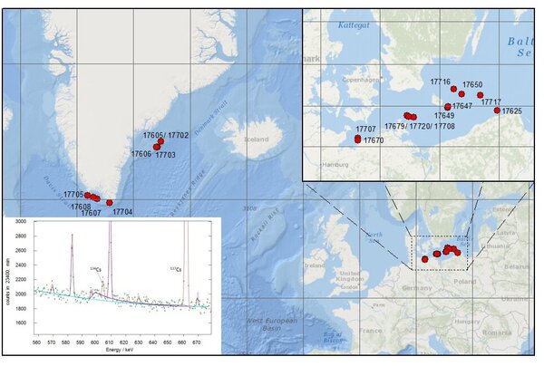 Probenahmeorte und Cäsium-Messung Grafik mit Seekarte und Probenahmeorten
