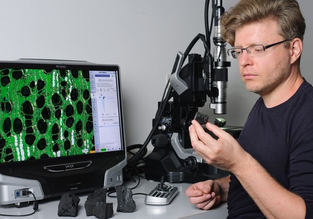 Klicken für eine Vergrösserung Sergej Kaschuro, Mitarbeiter im Thünen-Kompetenzzentrum Holzherkünfte, beim Untersuchen einer Holzkohlenprobe