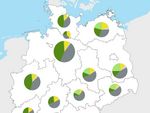 Die Grafik zeigt eine Deutschlandkarte auf der in den Bundesländern verschiedengroße Tortendiagramme mit den Anteilen der Eigentümer dargestellt sind.