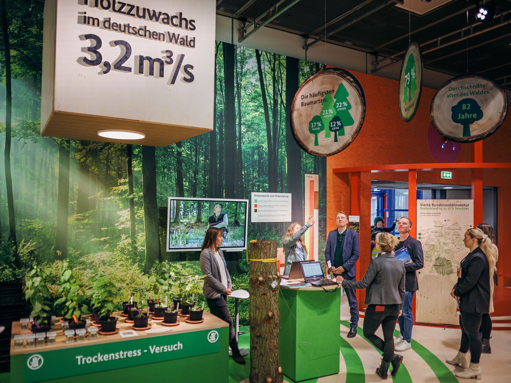 Stand des Instituts für Forstgenetik und der Bundeswaldinventur. Messestand mit Pflanzen und dem Plakat "Holzzuwachs im deutschen Wald 3,2 m³/s