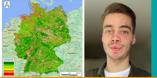 Portrait von Louis Tenbergen und eine Deutschlandkarte - Die Karte zeigt die Übereinstimmung der Thünen-Institut Holzbodenkarte 2018 (HBK2018), JRC Global Forest Cover 2020 (GFC2020) und Copernicus European Land Cover 2018 (ELC2018) in Deutschland. 