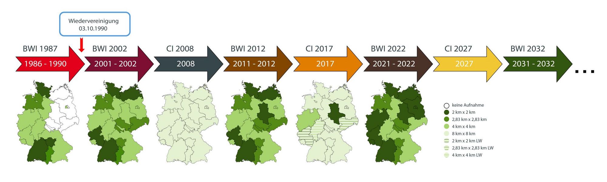 Darstellung des systematischen Stichprobennetzes der Bundeswaldinventuren und Kohlenstofferhebungen von 1987 bis heute.