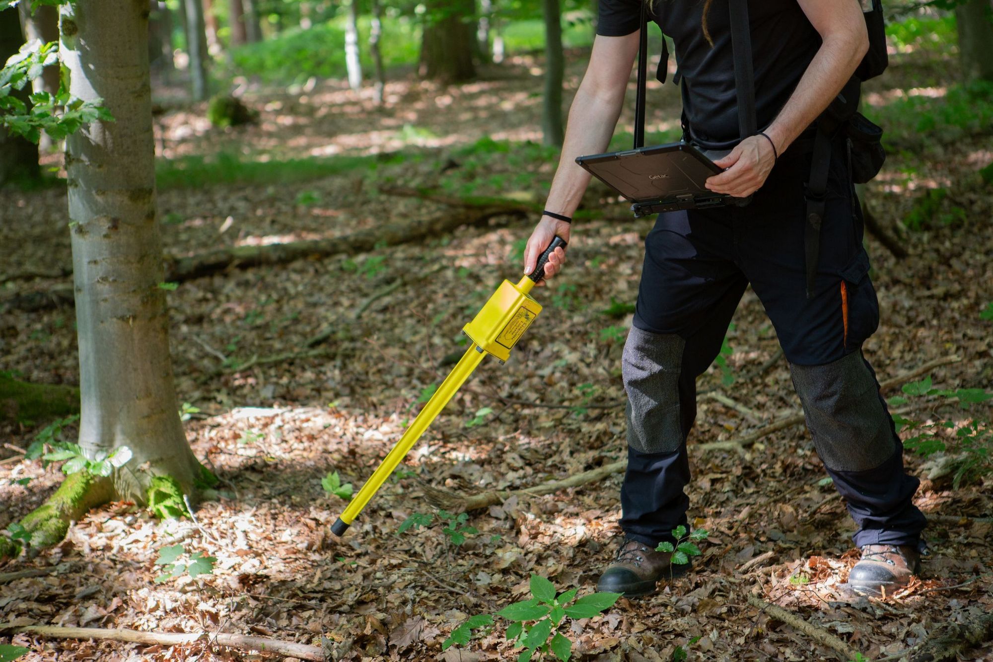 Eine Person hält ein Gerät mit einem langen Stab dicht über den Waldboden.