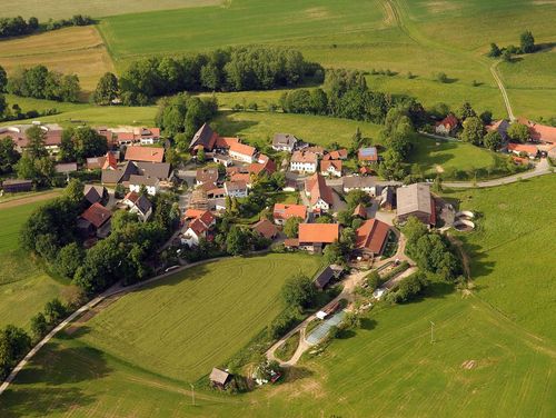 Blick von oben auf ein kleines Dorf das von grönen Feldern umgeben ist.