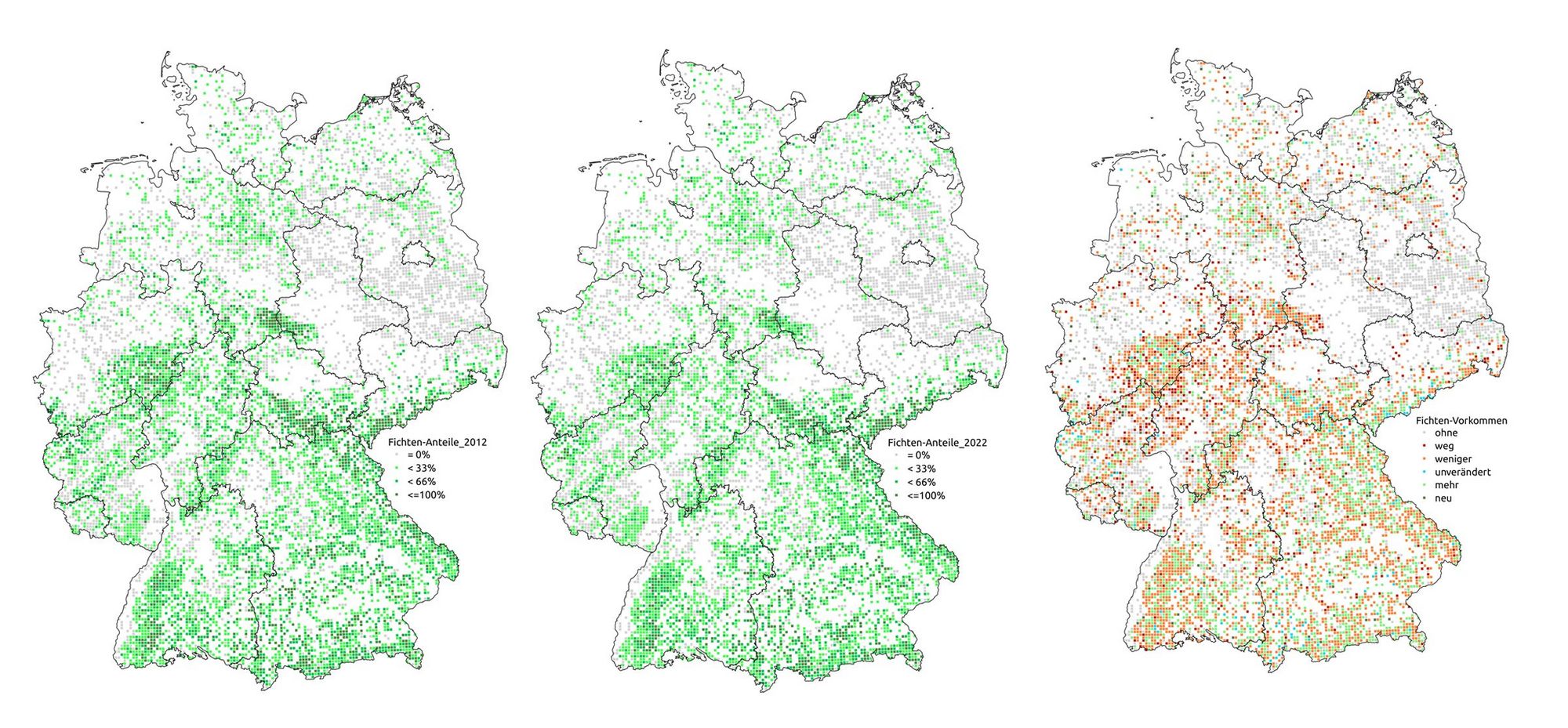 Drei Deutschlandkarten mit Fichtenstandorten nebeneinander.