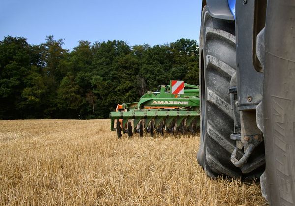 Stoppelfeld: Blick auf eine Landmaschine vorbei an einem großen Treckerreifen