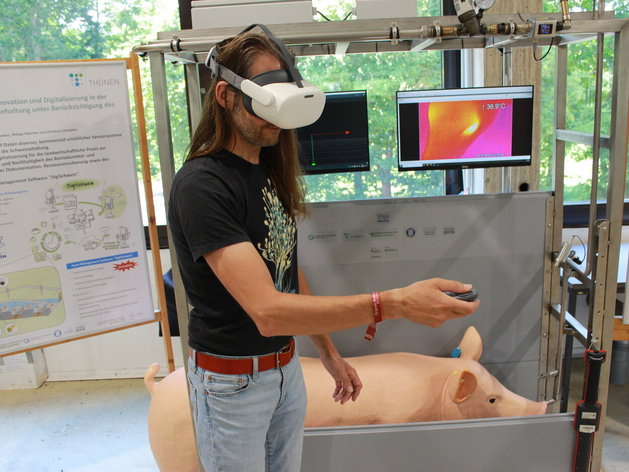 Mit der VR-Brille in den Stall der Zukunft schauen. Ein Mann mit einer VR Brille und einer Fernbedienung steht vor einem Exponat mit einem Schwein und einem Bildschirm.