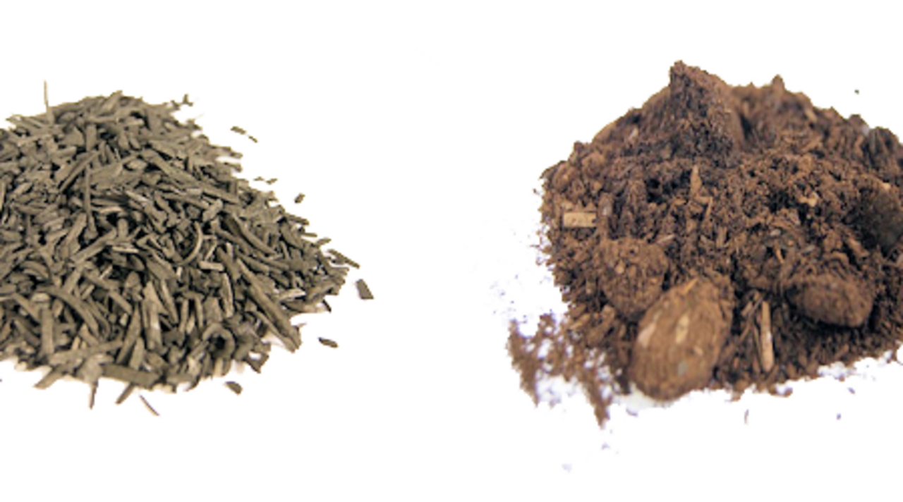 (l): Pflanzenkohlen aus der Pyrolyse; (r): Pflanzenkohlen aus dem HTC-Prozess