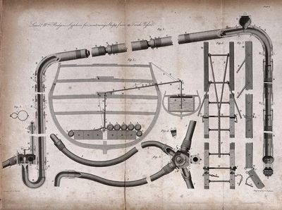 Ship-building: plan and elevations showing a way of emptying holds. Etching by Mutlow. Wellcome Collection / public domain