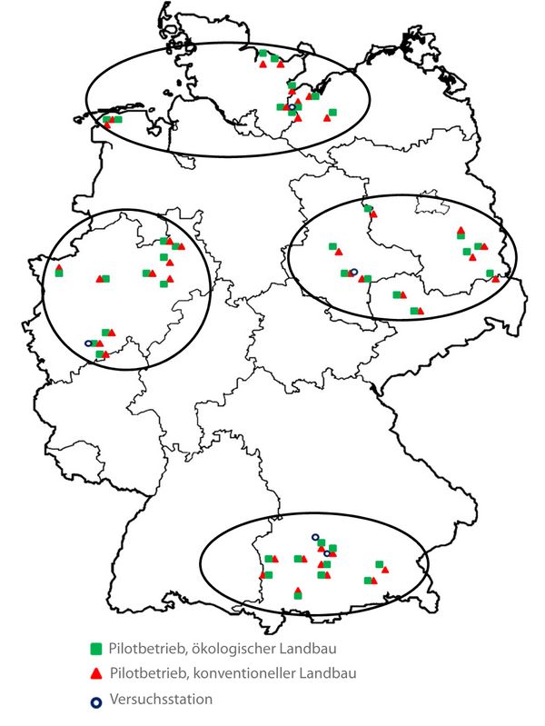 Das Bild zeigte eine Karte, an der die Standorte der an der Studie beteiligten Pilotbetriebe eingezeichnet sind