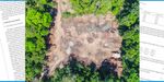 An aerial view of a forest with a large open area in the center with several piles of logs.