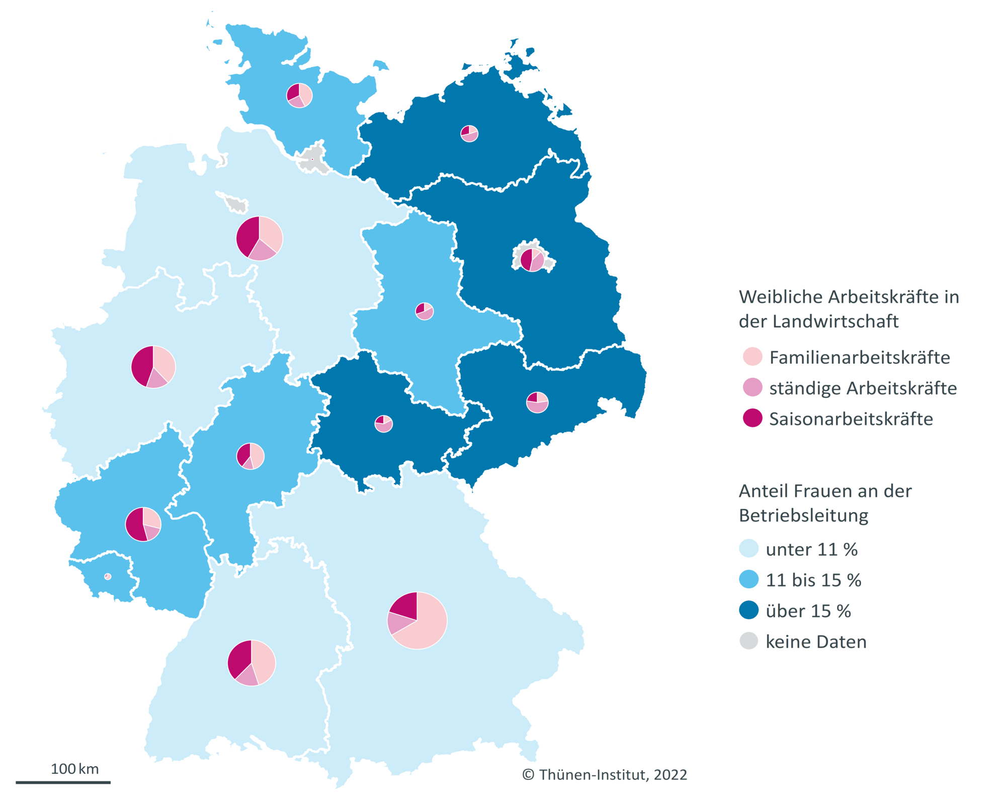 Weibliche Arbeitskräfte in der Landwirtschaft. Deutschlandkarte mit verschieden farbigen Bundesländern, im Osten sind die meisten weiblichen Betriebsleitungen.