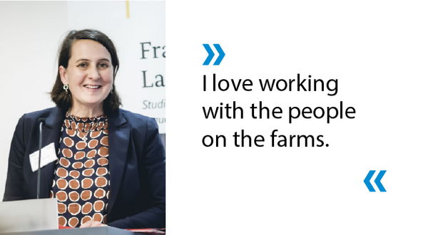 Portrait of Zazie von Davier and the quoted text: "I love working with the people on the farms."