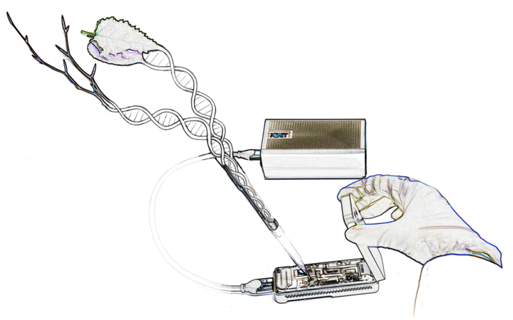 Click to zoom image In einer grafischen Darstellung ist die MinION Sequenzier-Plattform sowie eine Hand mit Pipette gezeigt. Durch diese neue Technologien kann hochmolekulare DNA sequenziert werden.