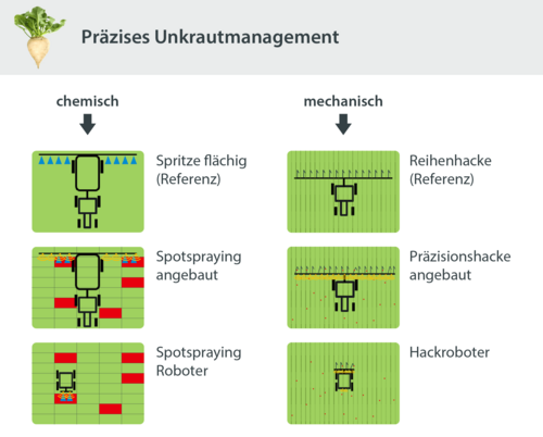 Analysierte Umsetzungsoptionen im Anwendungsfall des präzisen Unkrautmanagements Schemazeichnung, die die Umsetzungsoptionen im Anwendungsfall des präzisen Unkrautmanagements erklärt.