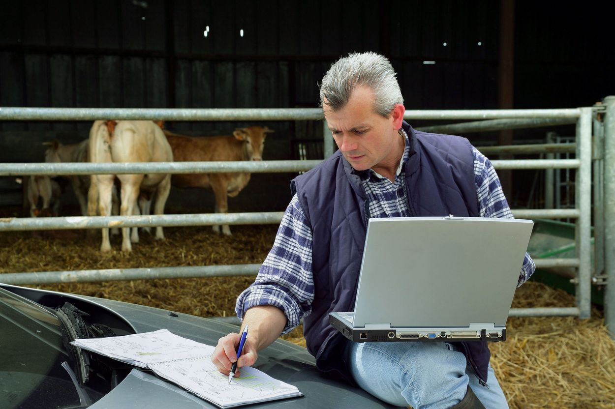 Eine Person sitzt vor einem Stall, hat einen Laptop auf dem Schoss und notiert etwas auf Papier