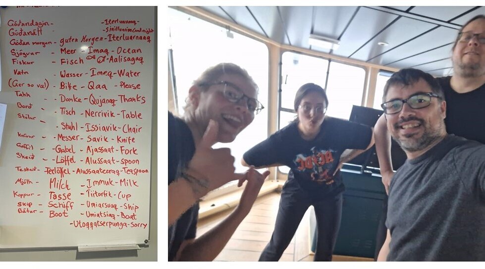 Greenlandic, Faroese, German for beginners Right - the Thünen sports team on the bridge of the Tarajoq Two-part picture. On the left, a board with vakabels in Greenlandic, Faroese and German. On the right, several people playing sport.