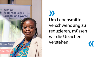 Portrait Sharon Mada und der zitierte Text: „Um Lebensmittelverschwendung zu reduzieren, müssen wir die Ursachen verstehen.“