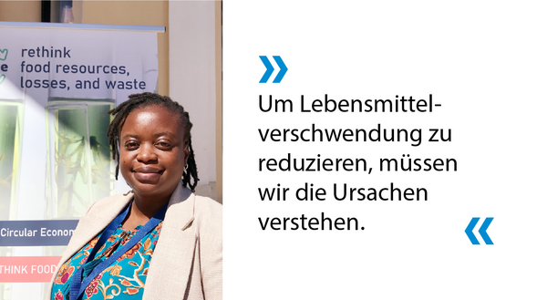 Portrait Sharon Mada und der zitierte Text: „Um Lebensmittelverschwendung zu reduzieren, müssen wir die Ursachen verstehen.“