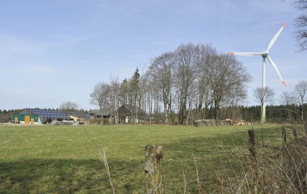 Ein ländlicher Betrieb bestehend aus einen neuen länglichem Stall mit Photovoltaik auf dem Dach. Davor ein Wohnhaus, davor win weitere kleinerer Stall. Auf der Wiese vor dem Haus lagern Holzstämme und daneben ist noch eine Windkraftrad zu sehen.