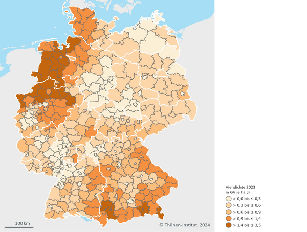 Deutschlandkarte mit Angabe der Viehdichte in den einzelnen Landkreisen.