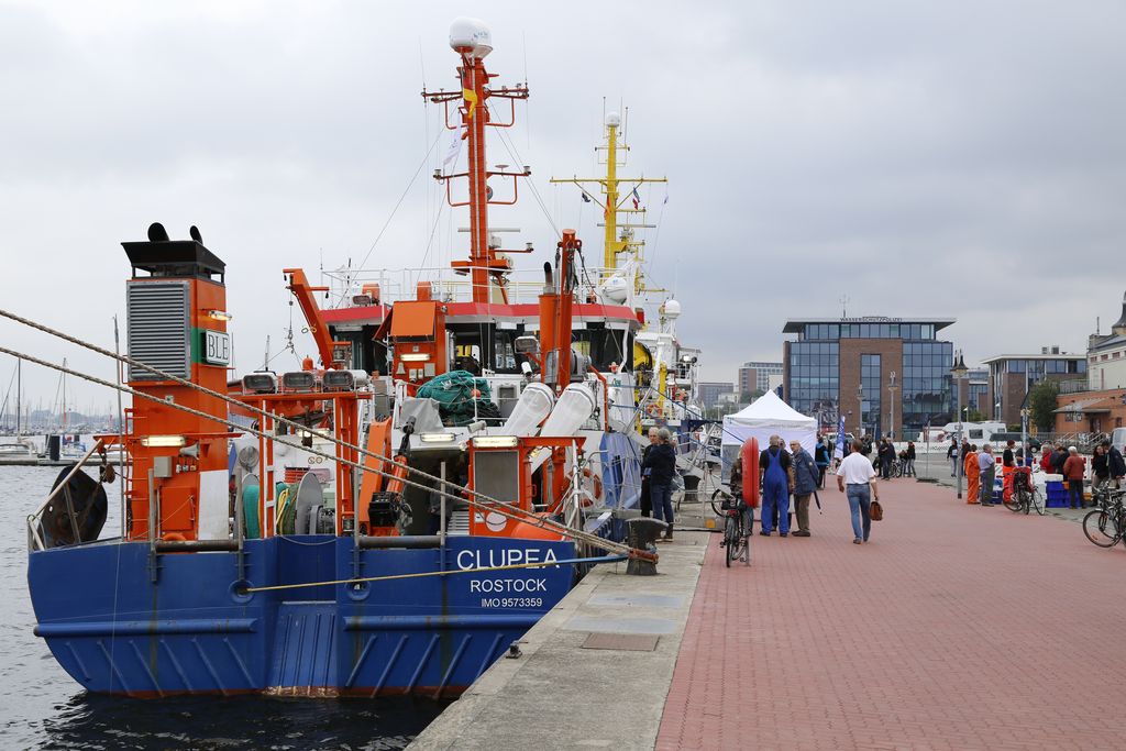 Ostseetag im Rostocker Stadthafen 2018. Stand des Institutes für Ostseefischerei und das Forschungsschiff "Clupea".