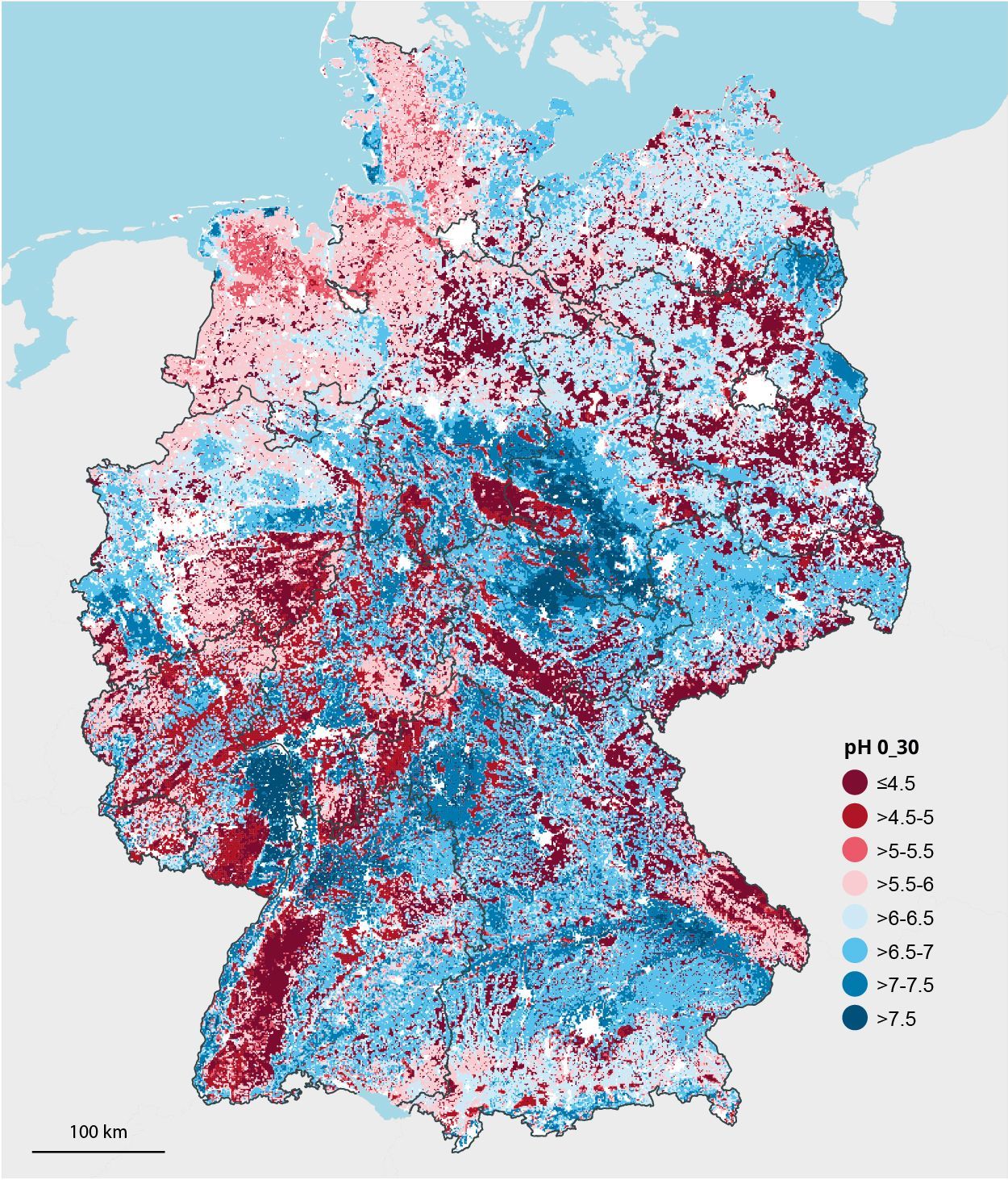 Die Grafik zeigt modellierte pH-Werte für 0 bis 30 cm Bodentiefe.