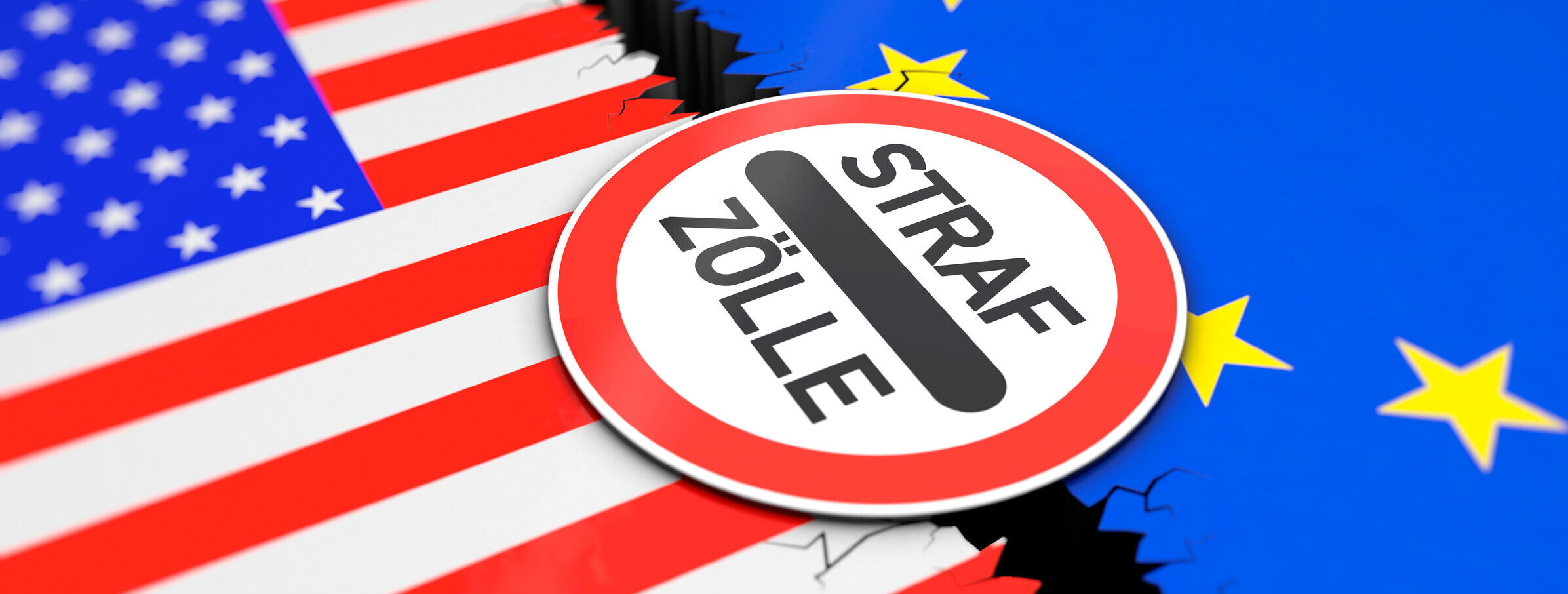 Auswirkungen des Zollstreits zwischen den USA und der EU. Teile einer USA und einer EU Flagge und ein Verbotsschild mit der Aufschrift Straf Zölle.